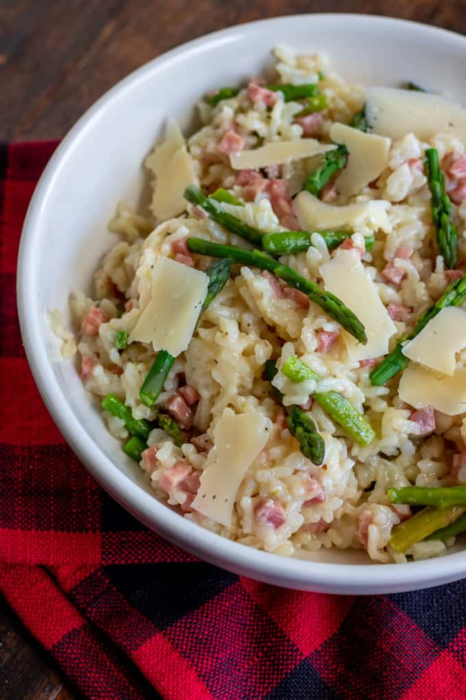 Overhead shot of Instant Pot Risotto with Ham and Asparagus