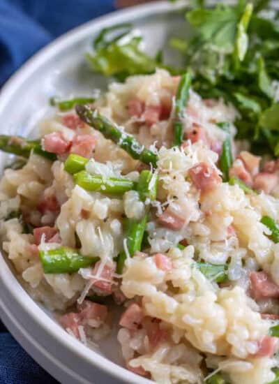 Ham and Asparagus Instant Pot Risotto in a bowl.