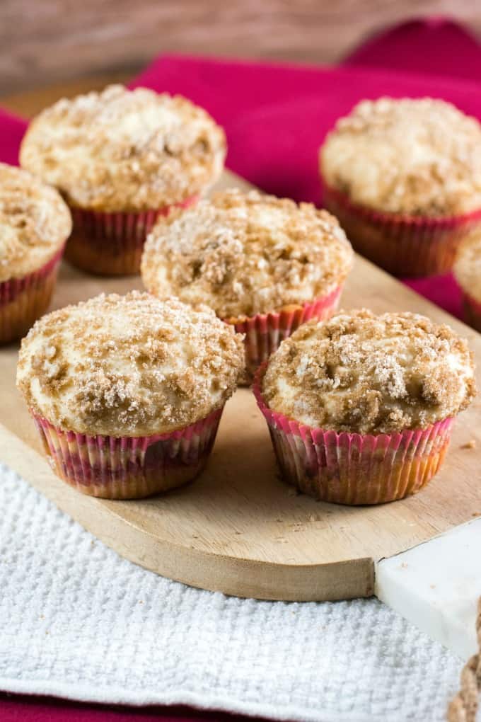 Streusel Topped Rhubarb Muffins on a board