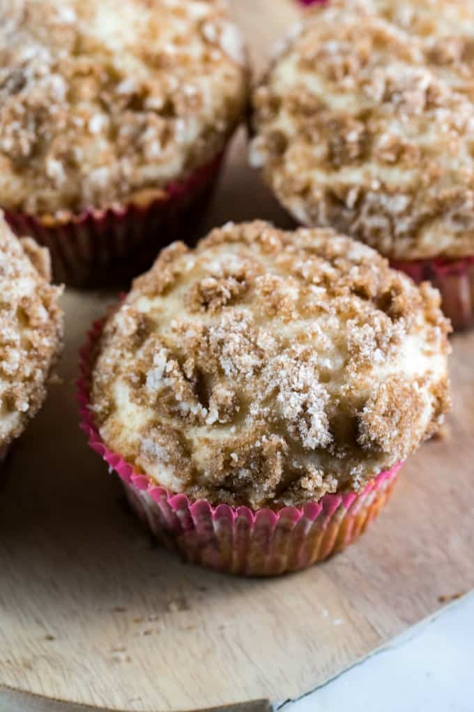 Close up of a Streusel Topped Rhubarb Muffin