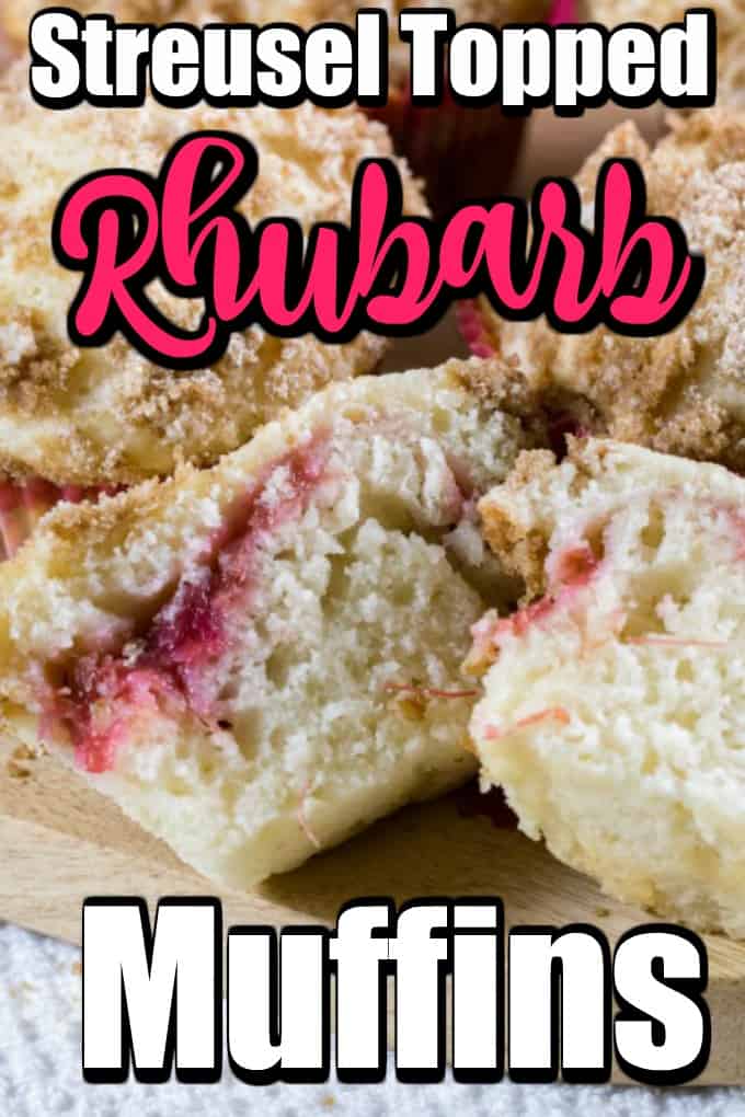 These Streusel Topped Rhubarb Muffins are great with a hidden surprise of wonderful rhubarb compote. They have a light and fluffy cakey interior and a crunchy sweet streusel topping! Perfect day or night! #rhubarb #rhubarbmuffins