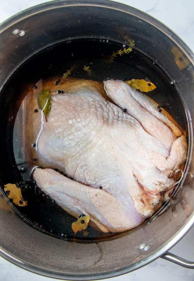 Overhead shot of turkey in brine