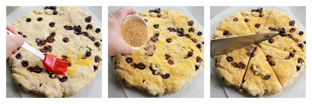 A group of three process shots showing how to prepare scones for baking.