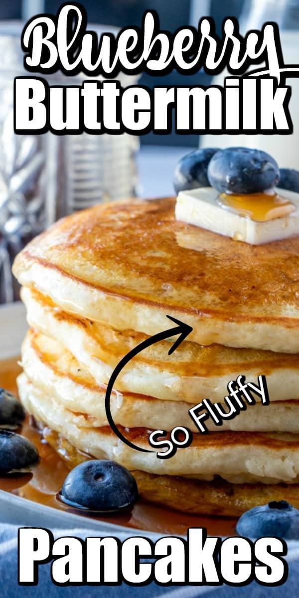 Loads of fluffy pancakes with fresh blueberries all cooked up to a golden brown and doused with maple syrup will make your family very happy!! #buttermilkpancakes #blueberrypancakes #pancakes