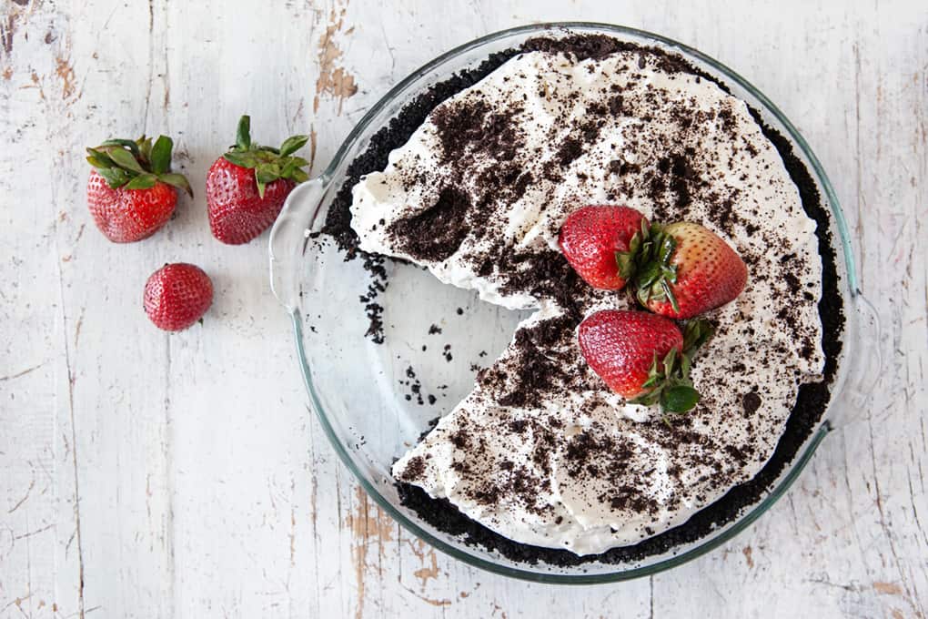 Overhead shot of Chocolate Pudding Pie with one slice cut out 