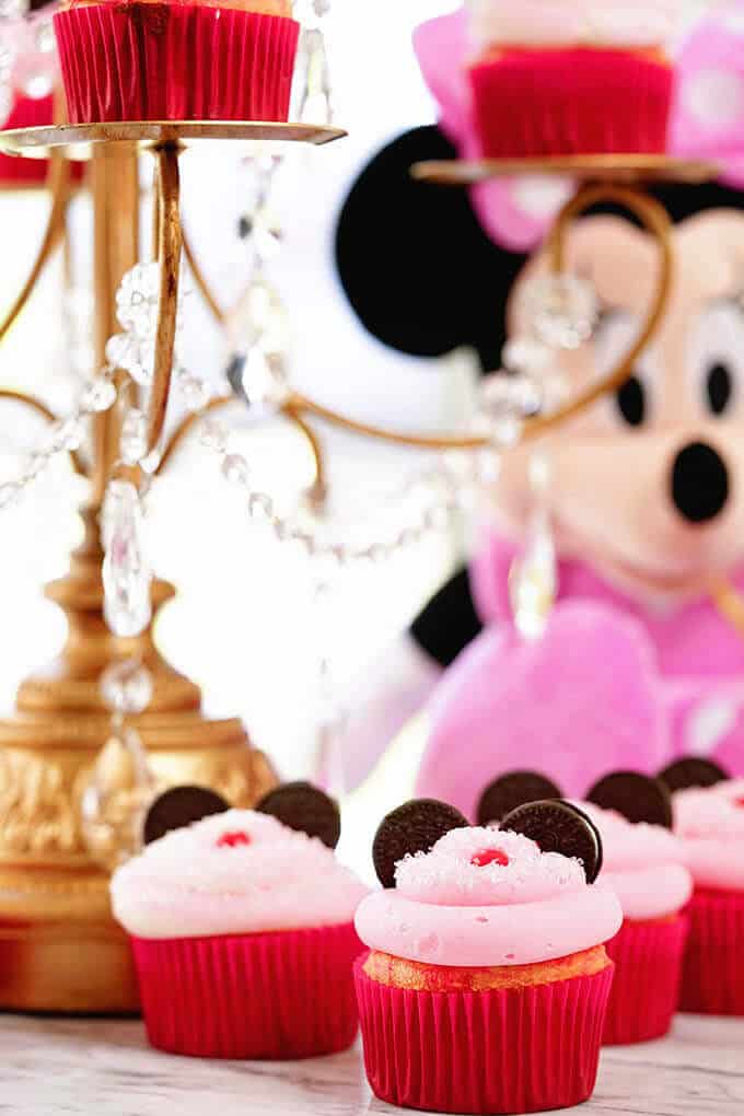 Minnie mouse cupcakes on a marble top