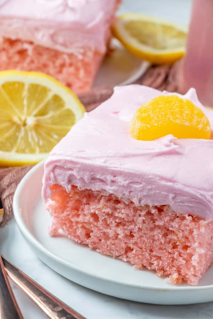 Pink Lemonade Cake on a white plate