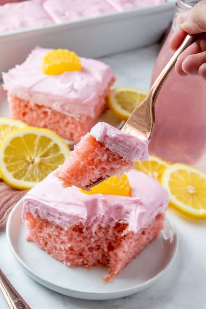 Forkful of pink lemonade cake