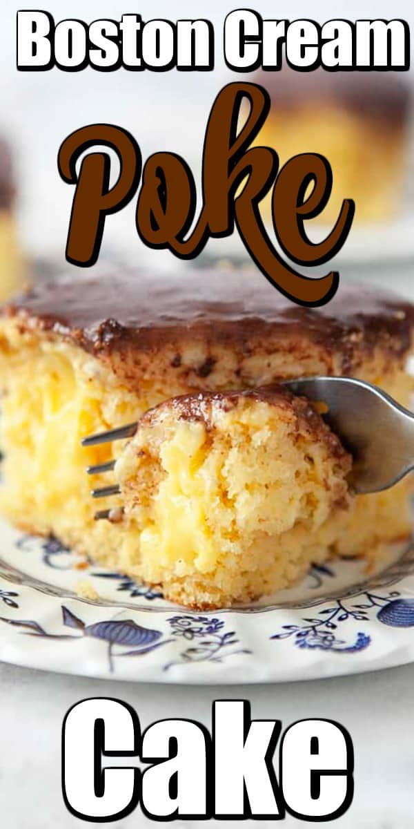 This Boston Cream Poke Cake is made with instant vanilla pudding and yellow cake mix but we add a few tweaks also to bring it up a level. #pokecake #Bostoncream