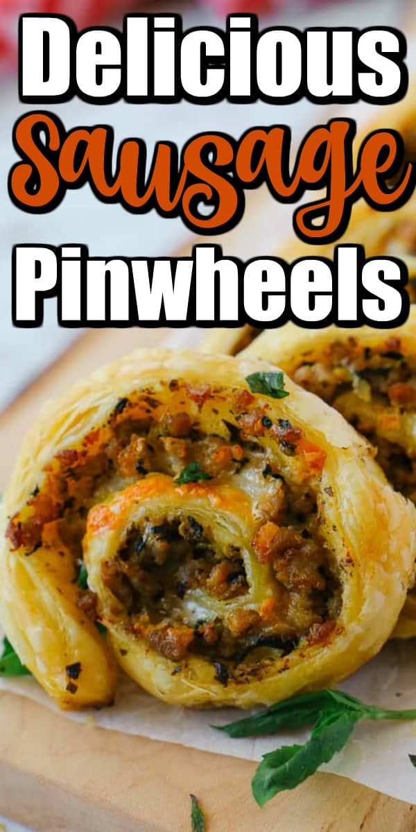 These Delicious Sausage Pinwheels are made in a buttery puff pastry filled with Italian sausage meat, spinach and cheese, and a flavor of pesto. Perfect for a snack, appetizer, added to a lunchbox and more!! #sausagepinwheels #pinwheels
