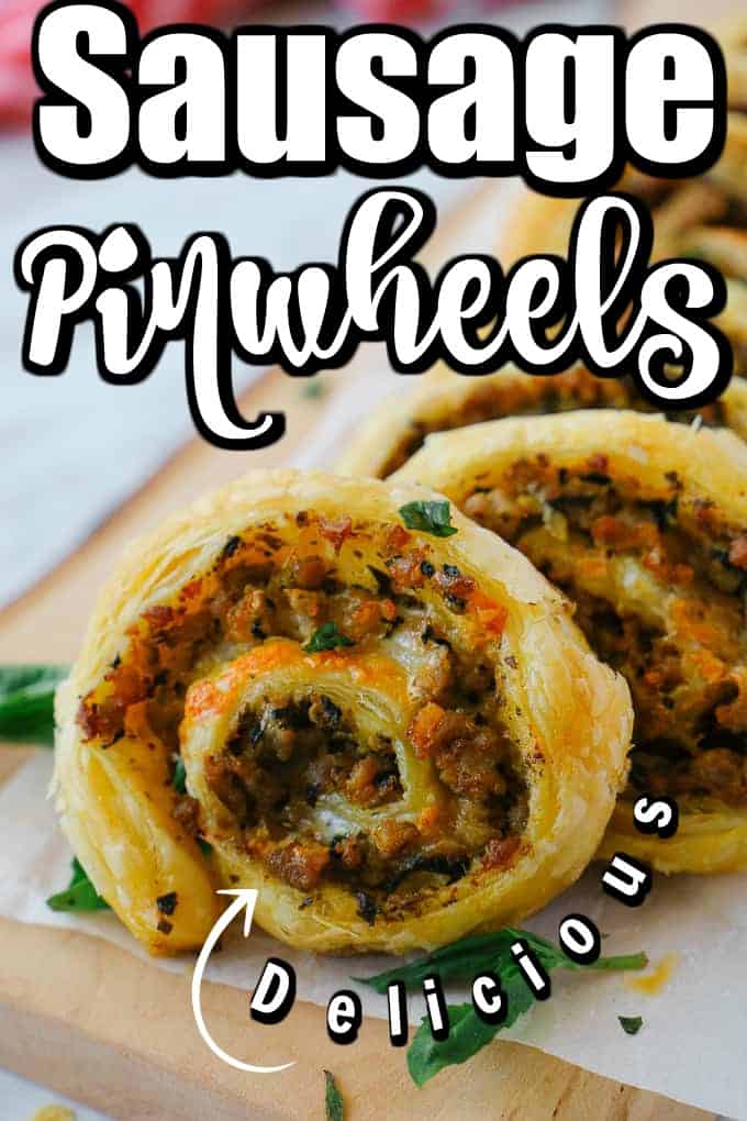 These Delicious Sausage Pinwheels are made in a buttery puff pastry filled with Italian sausage meat, spinach and cheese, and a flavor of pesto. Perfect for a snack, appetizer, added to a lunchbox and more!! #sausagepinwheels #pinwheels