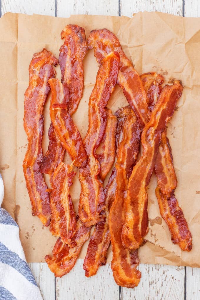 Overhead of bacon on a paper bag