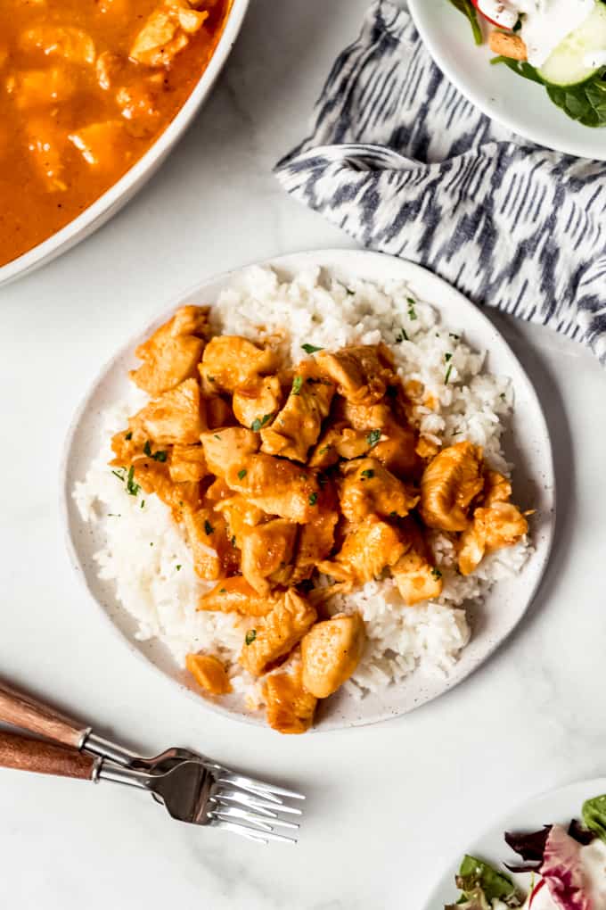 Russian chicken over rice on a white plate