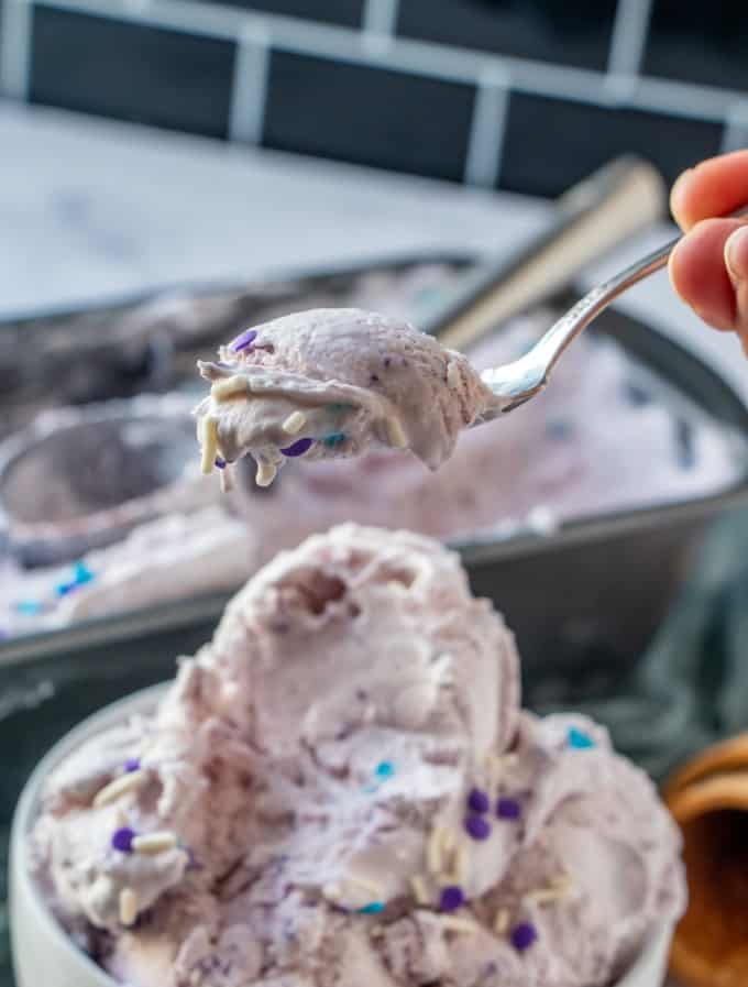 Taking a spoonful of Ube ice cream. 