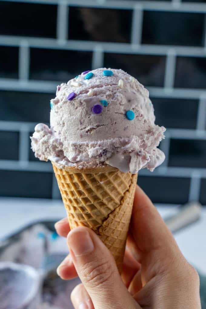 Ube ice cream in a cone. 