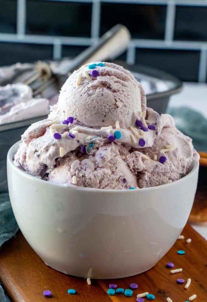 Bowl of Ube ice cream with sprinkles