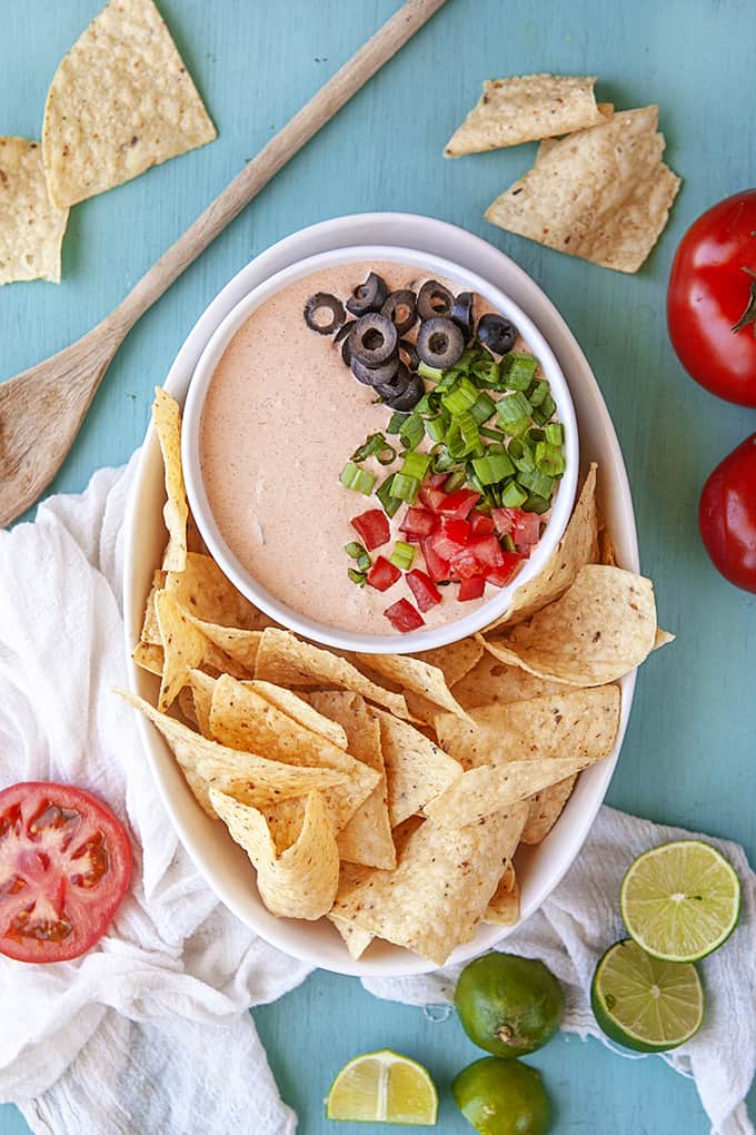 Overhead shot of Mexicali Dip with tortilla chips