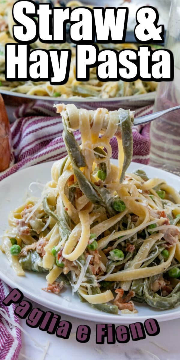 This Paglia e Fieno or Straw and Hay Pasta make a great summer pasta that is easy to pull together and is a delicious combination of prosciutto, cream and peas with Parmesan! #strawandhaypasta #pagliaefieno