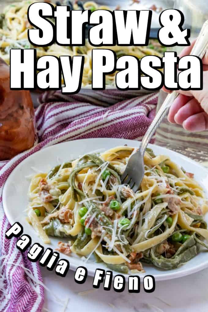 This Paglia e Fieno or Straw and Hay Pasta make a great summer pasta that is easy to pull together and is a delicious combination of prosciutto, cream and peas with Parmesan! #strawandhaypasta #pagliaefieno