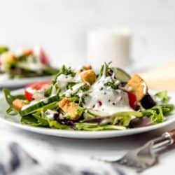 Parmesan peppercorn dressing - A garden salad on a white plate topped with parmesan peppercorn dressing.
