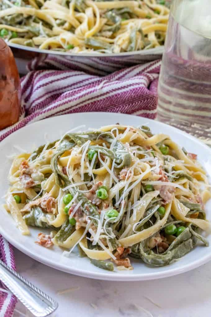 Paglia e Fieno pasta on a white plate