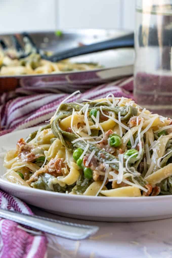 Close up shot of Paglia e Fieno (Straw and Hay Pasta) on a white plate