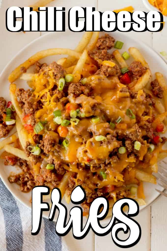 Fast homemade chili and cheese on top of crispy fries will have everyone asking to make these Chili Cheese Fries again and again. #chilicheesefries #chili #fries