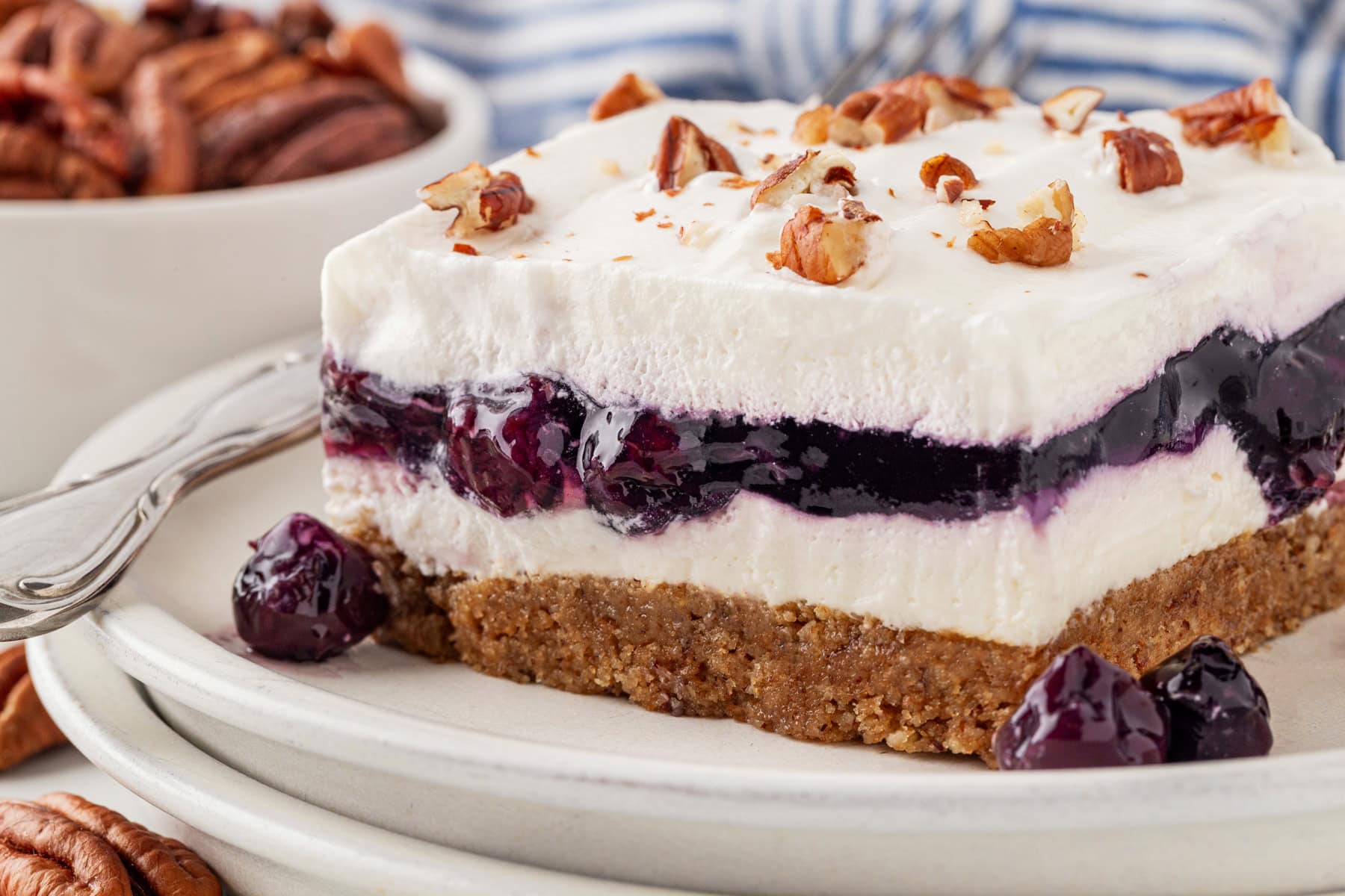 A square of blueberry delight on a plate. 