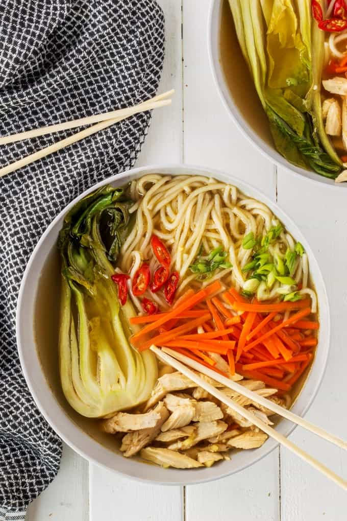 Overhead shot of Chinese Chicken Noodle Soup