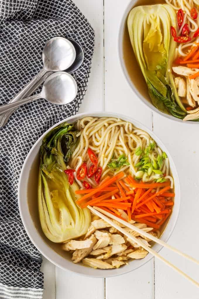 Overhead shot of Chinese Chicken Noodle Soup