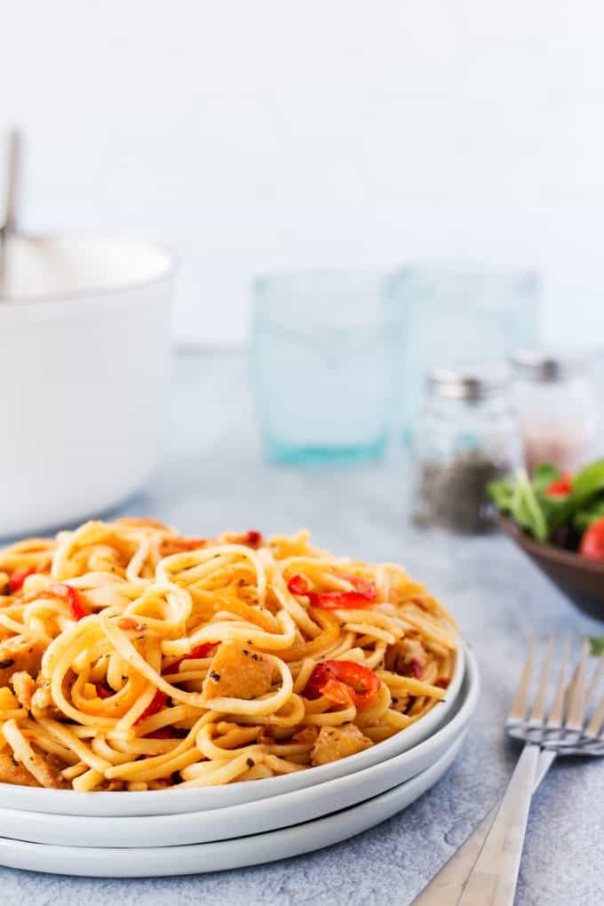 Garlic Chicken Pasta with Prosciutto on a plate