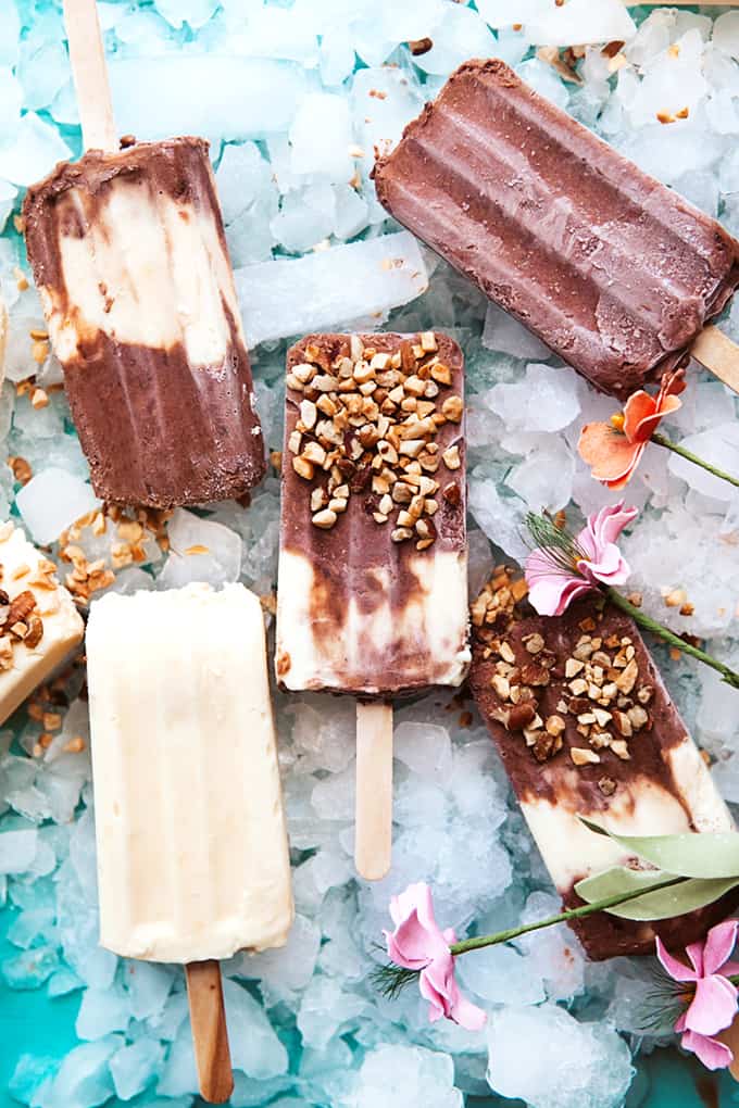 Homemade Pudding Pops on ice with nuts