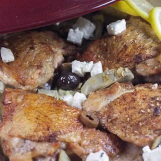Lemon Braised Chicken Thighs with Artichokes, Olives and Feta