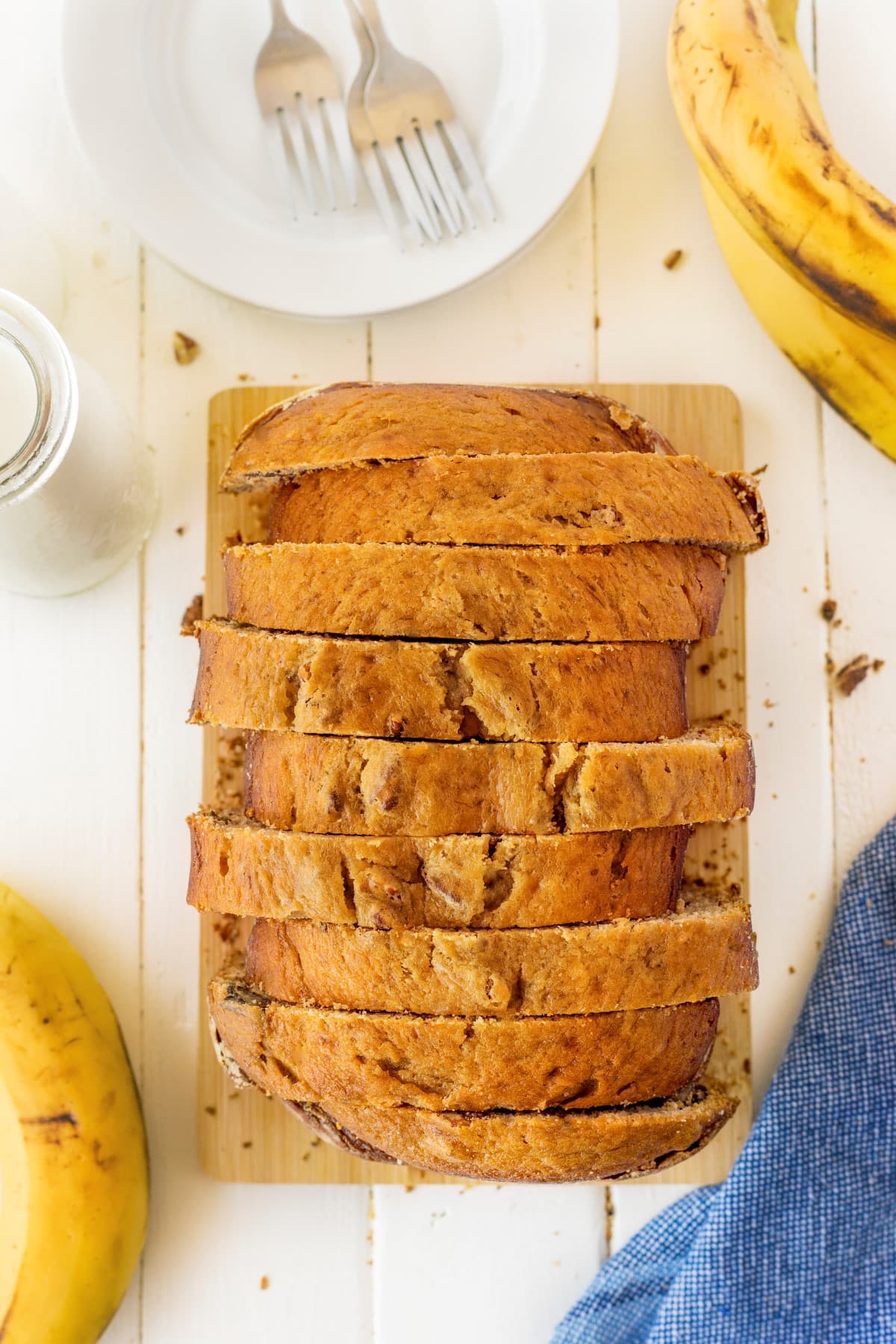 Overhead shot of sliced Super Easy Bread Machine Banana Bread.