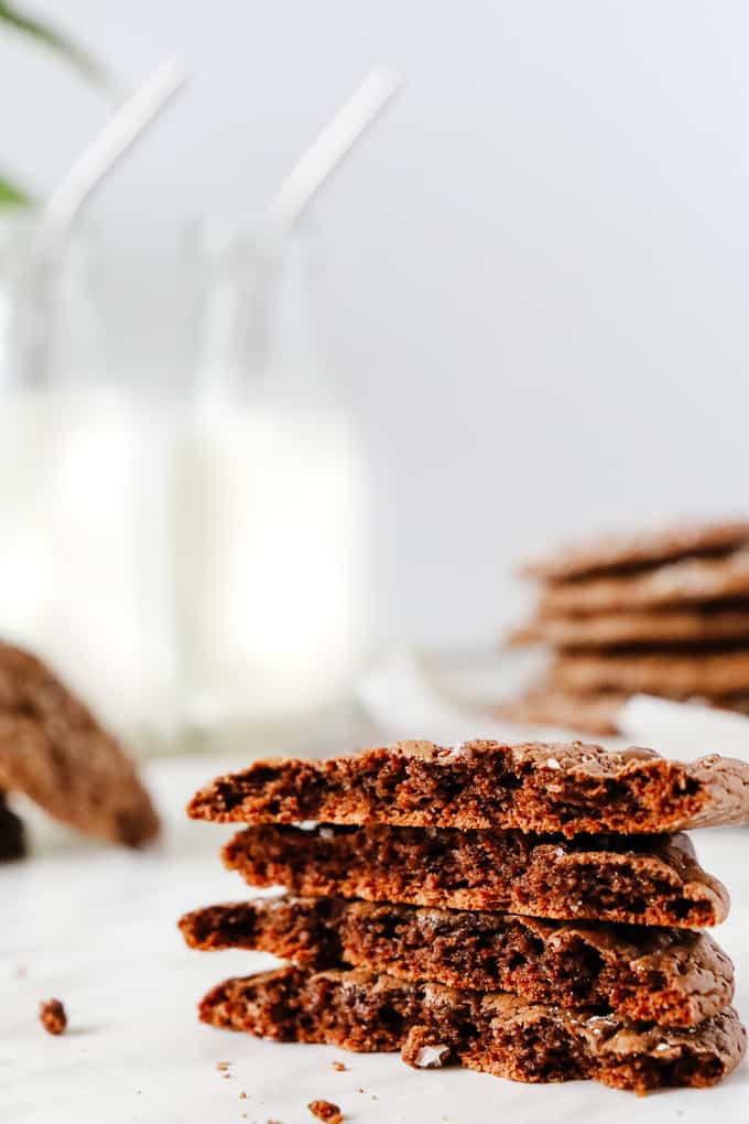 Stacked brownie cookies broken in half