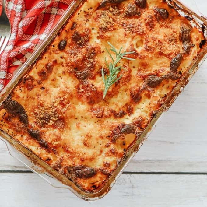 Overhead shot of Delmonico Potatoes in a casserole dish