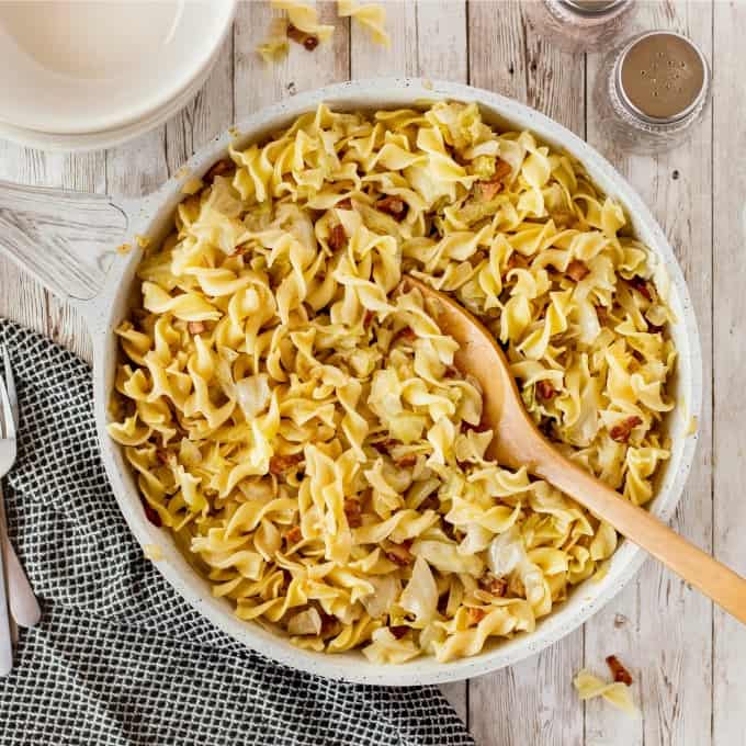 Overhead shot of Haluski in a pan. 