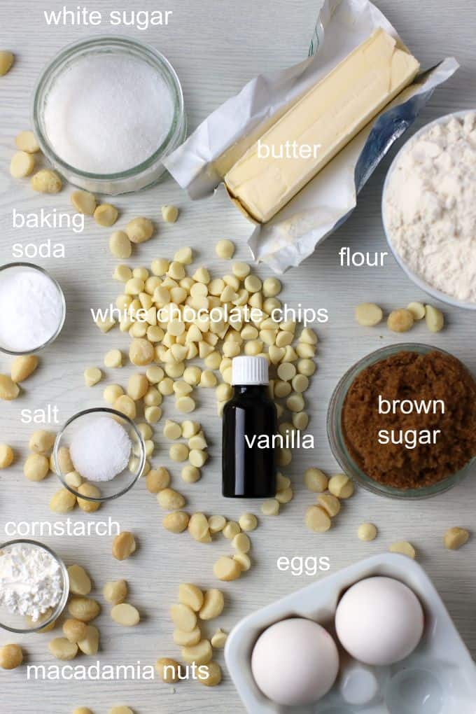 Ingredients used in White Chocolate Macadamia Nut Cookies