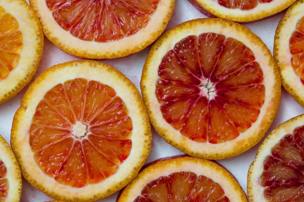 Close up of slices of blood oranges. 