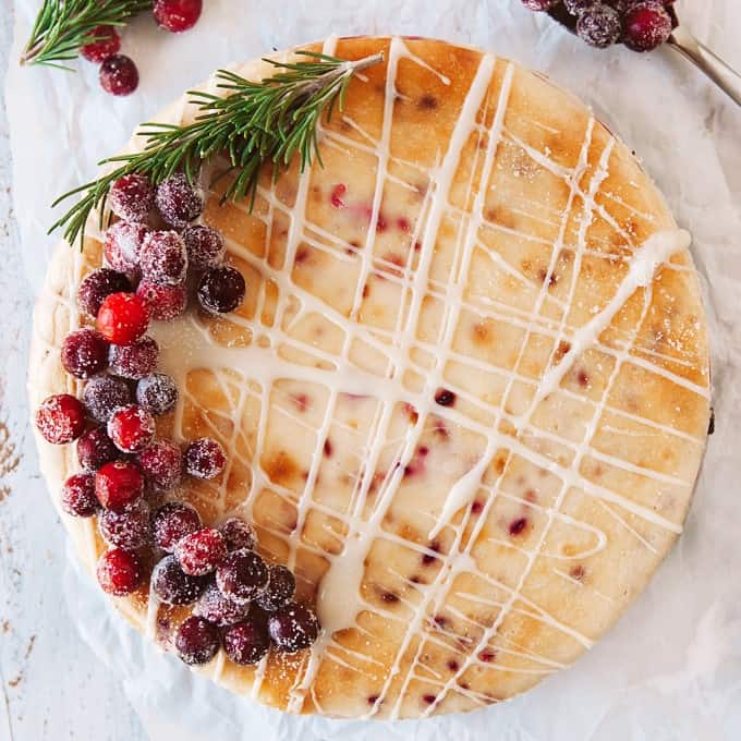 Square shot, overhead of Cranberry White Chocolate Cheesecake. 