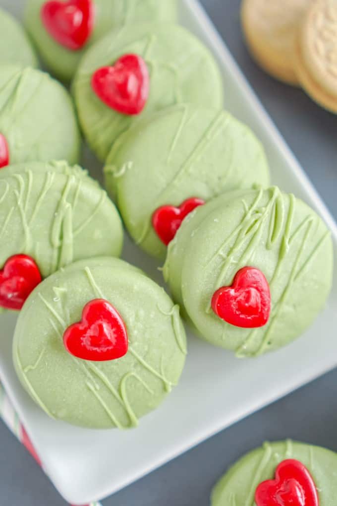 Close up of No-Bake Grinch Cookies