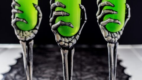 Three Embalming Fluid Cocktails in skeleton glasses.