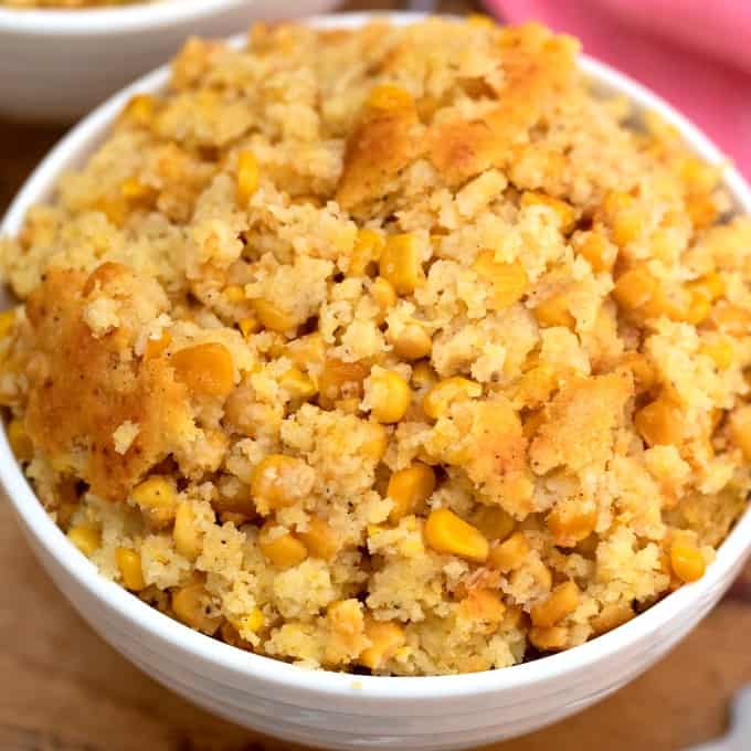 Cornbread Casserole, square photo in a bowl