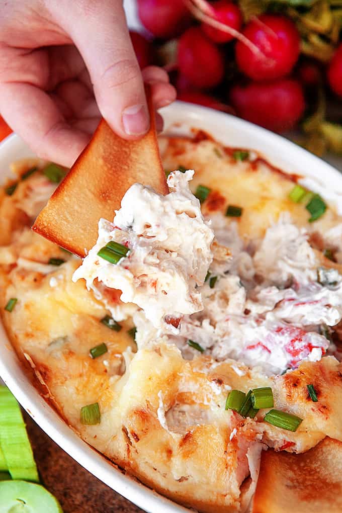 Baked Crab Rangoon Dip with chips and veggies