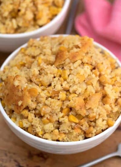 Cornbread Casserole served up in a bowl.