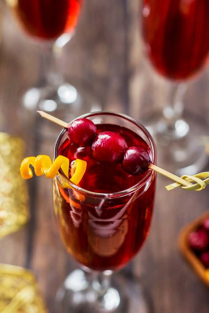 Poinsettia Drink (A Champagne Cocktail) close up