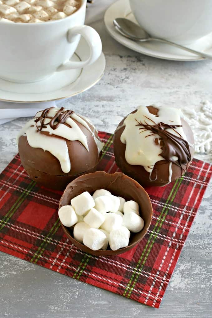 Showing the inside of a hot chocolate bomb with two balls finished. 