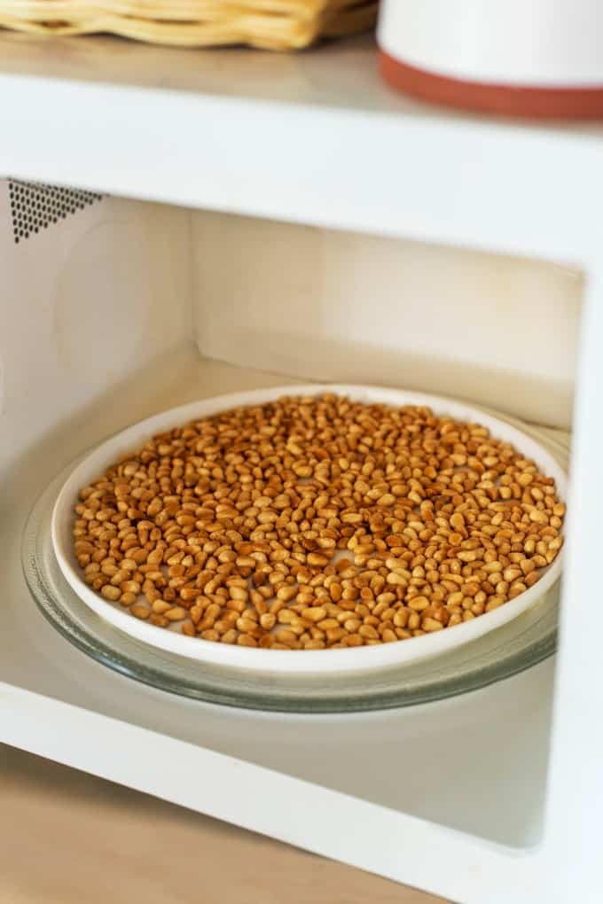 Toasted pine nuts in a microwave. 