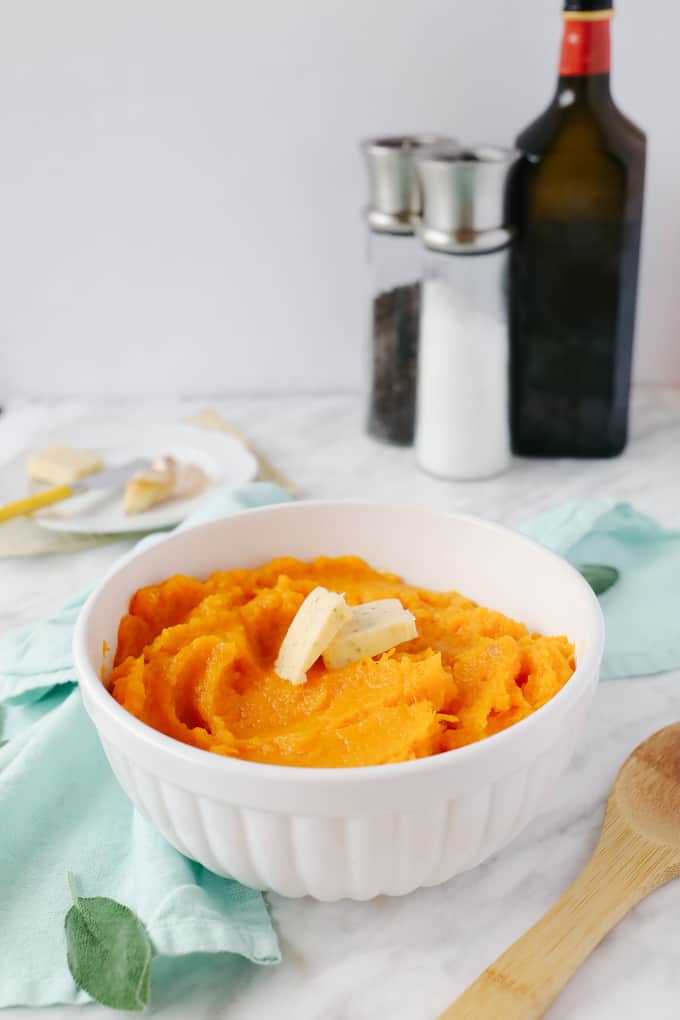 Roasted Mashed Butternut Squash in a casserole dish