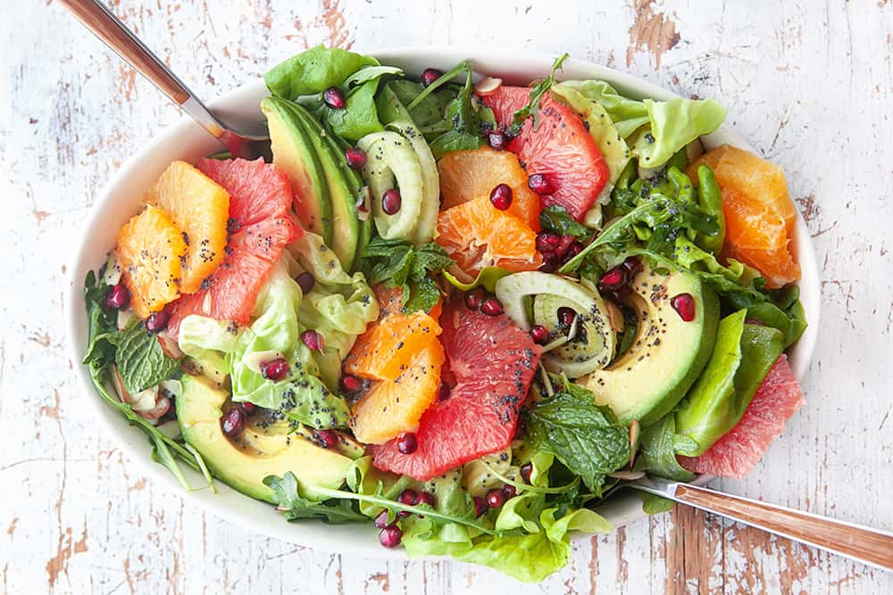 Overhead shot of a platter of salad